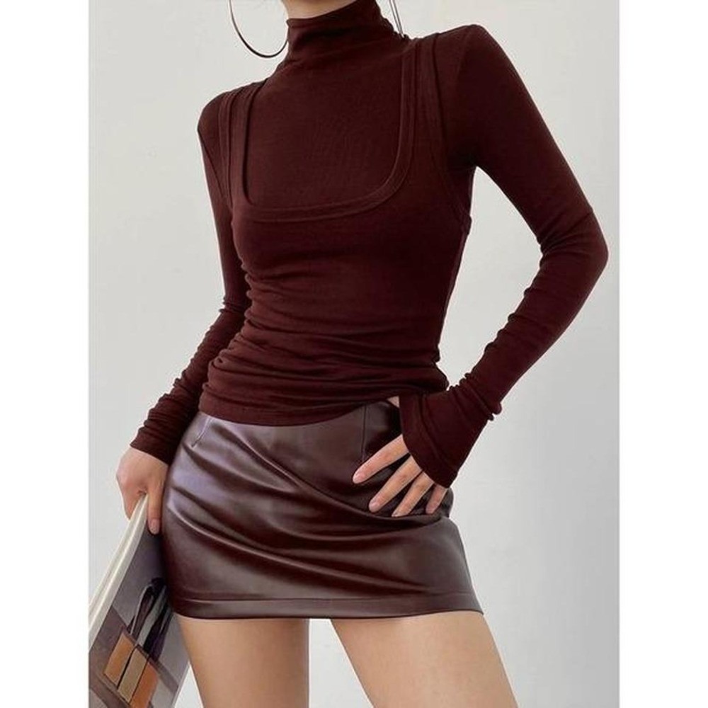 Commense 2 in 1 Mock Neck Jersey Top Burgundy size XL